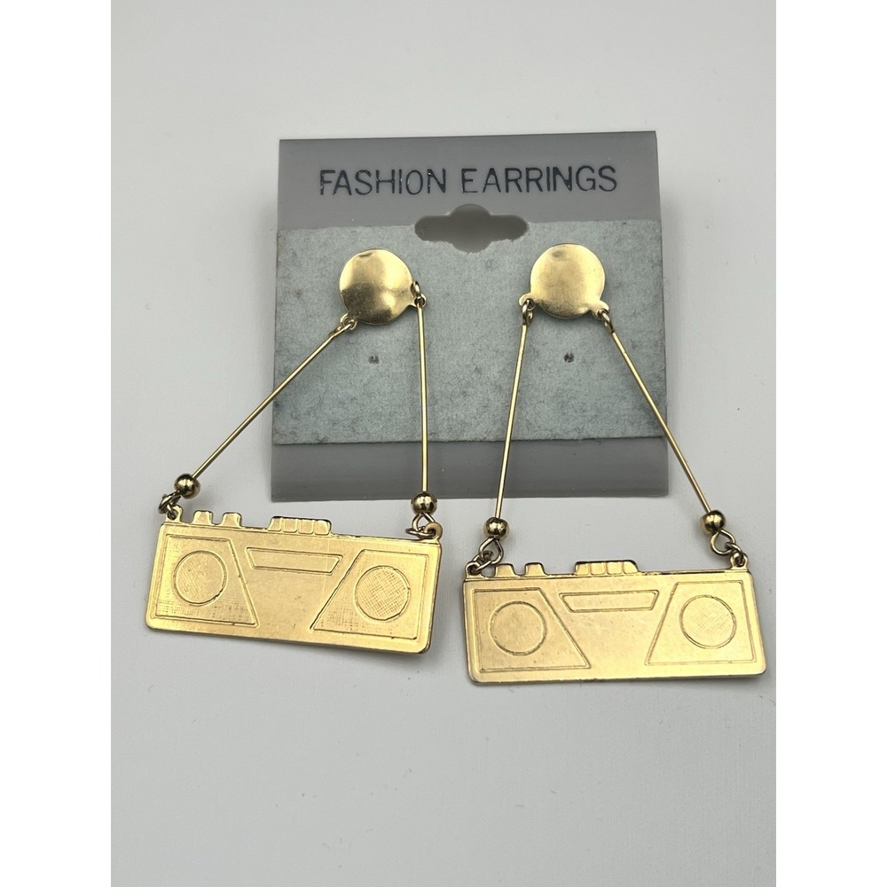 retro gold boombox drop earrings post
